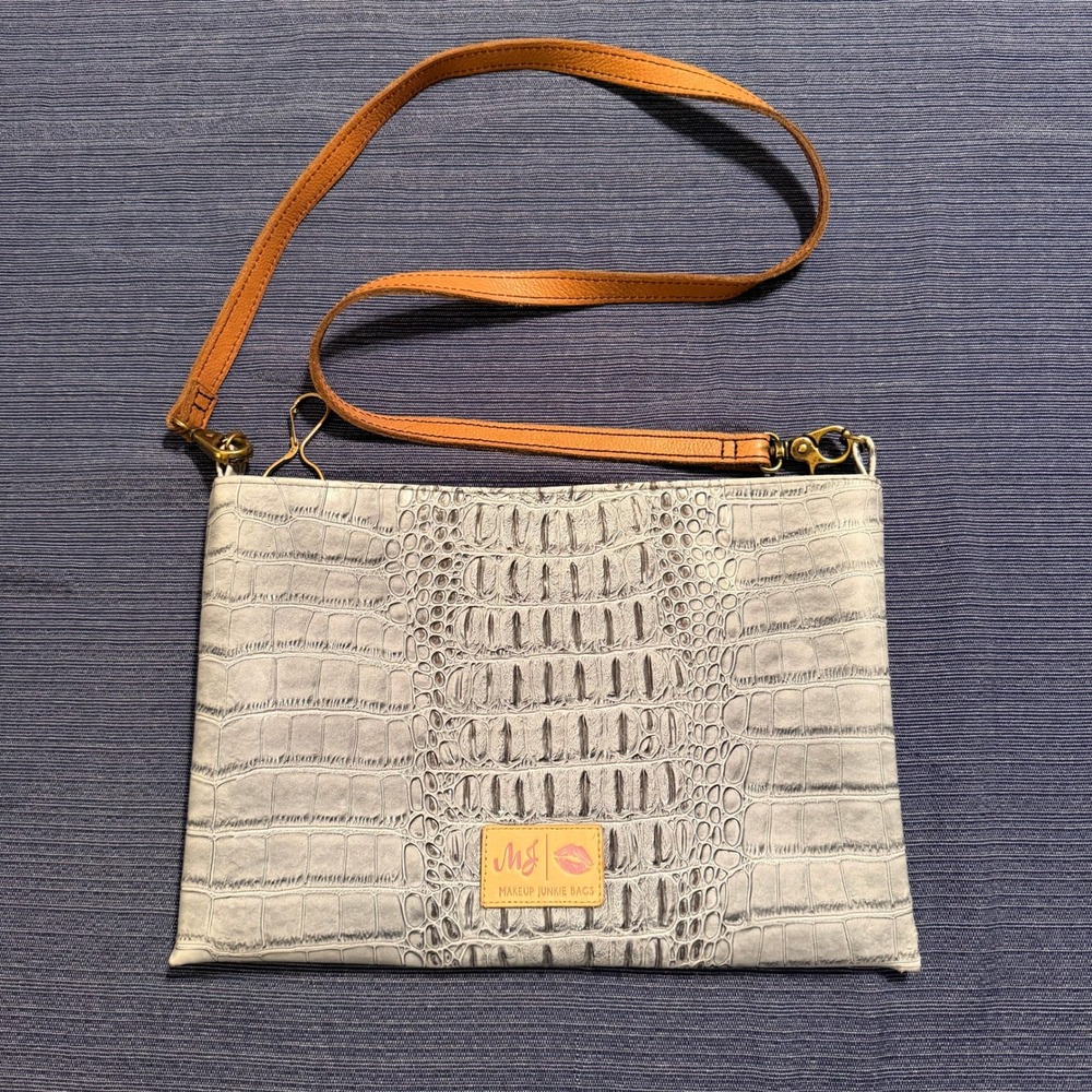 Makeup Junkie Bags Grey Crocodile Embossed Crossbody Clutch Bag Tan Strap